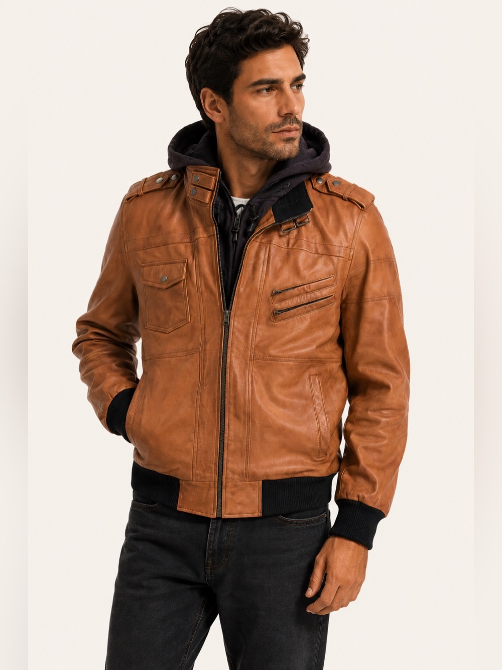 NWT Soft Leather Lambskin Hooded Bomber Jacket Mens L Brown